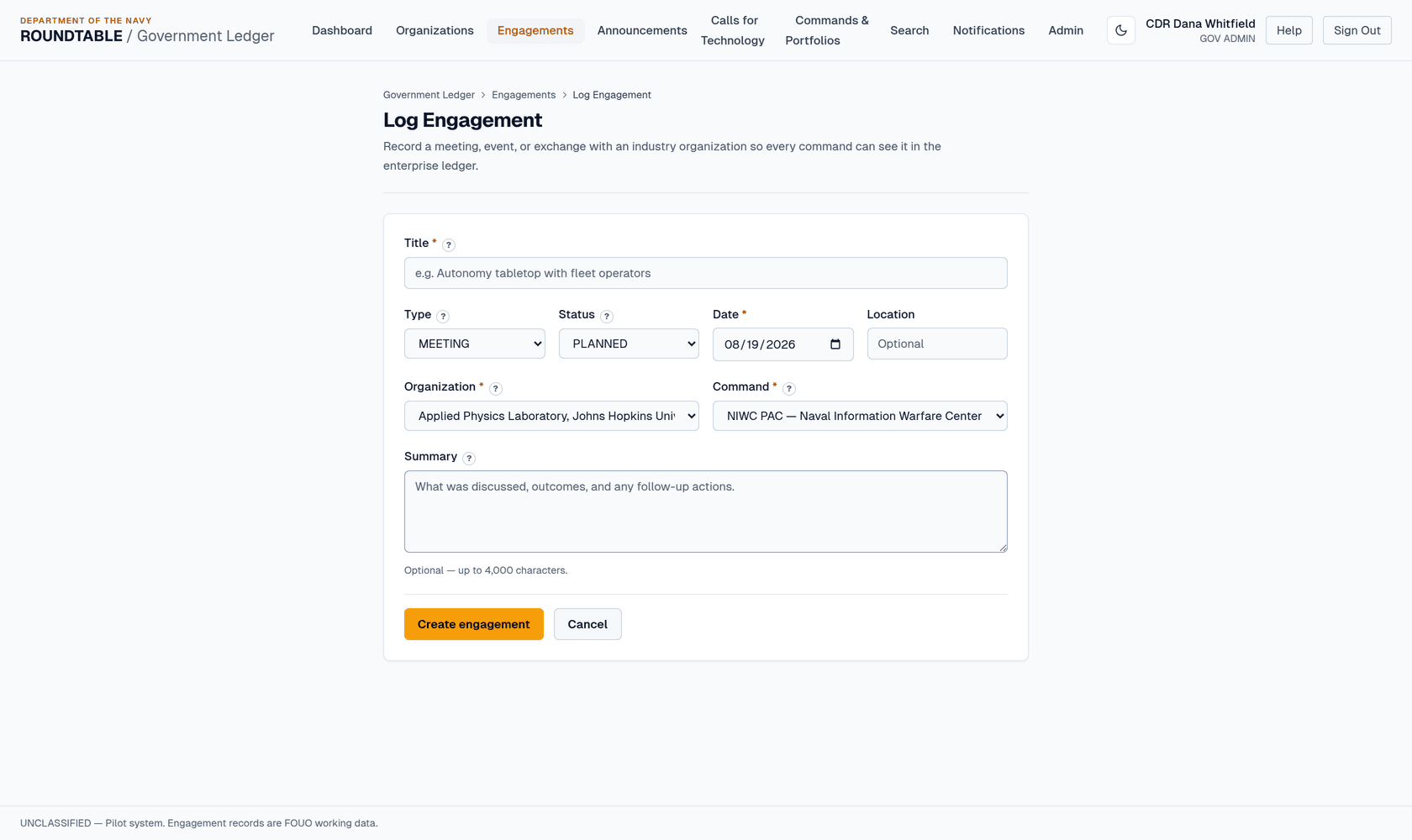 Log Engagement form