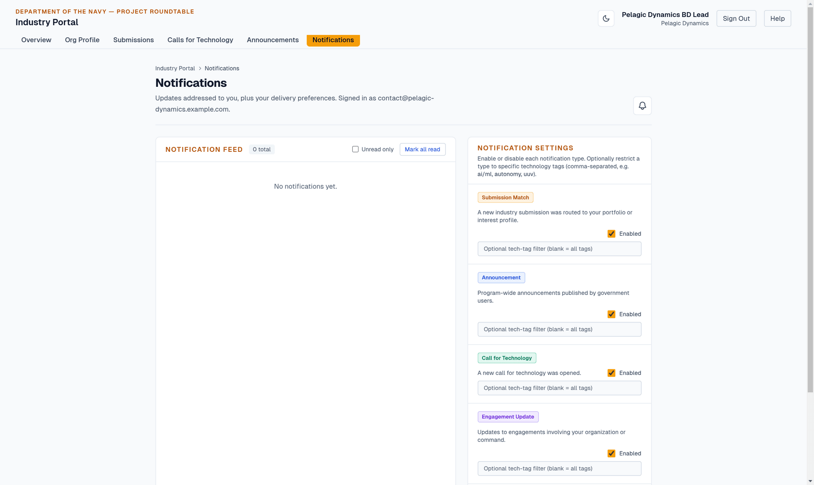 Industry notifications