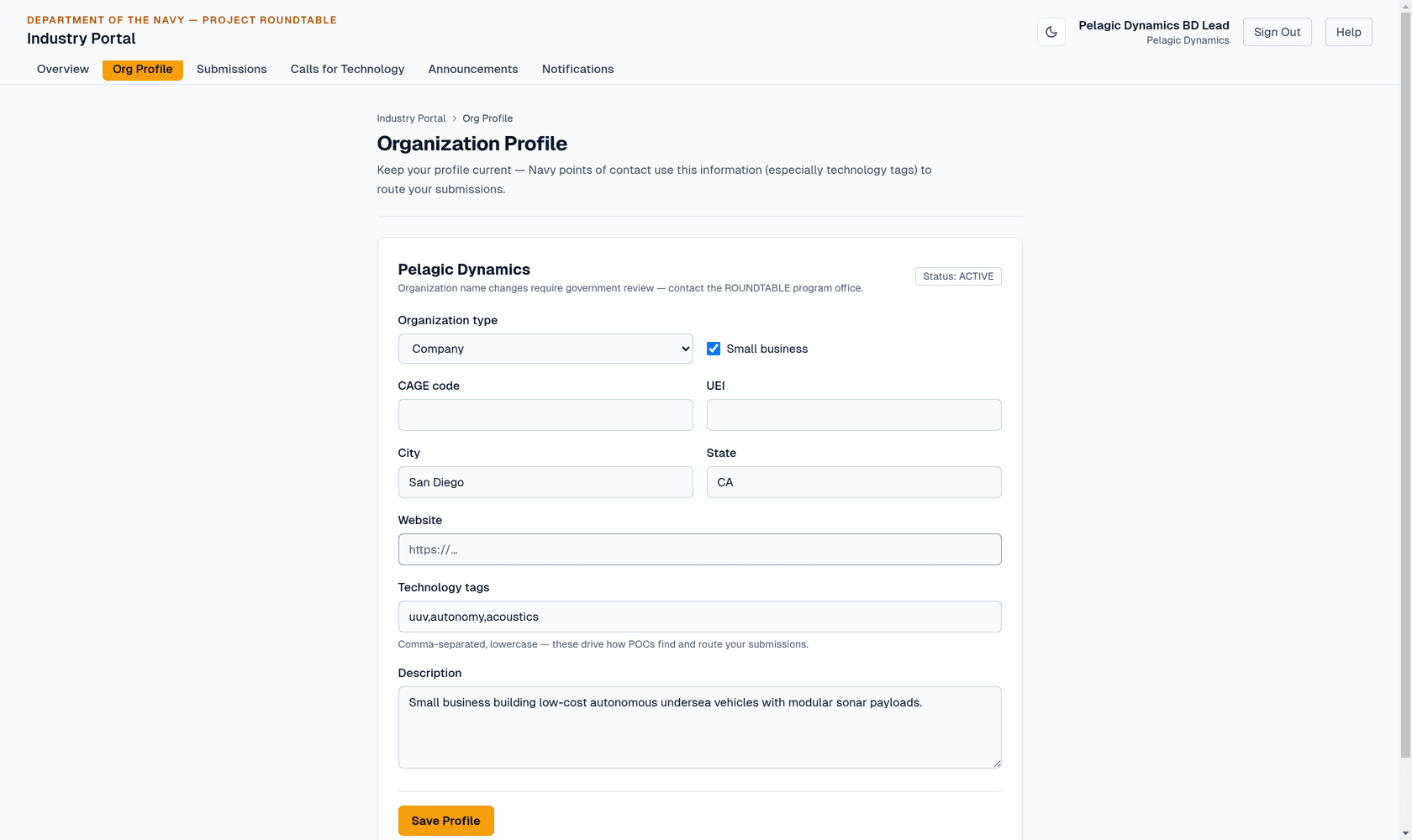 Organization profile form
