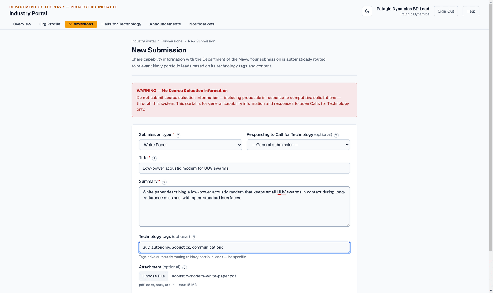 Completed submission form