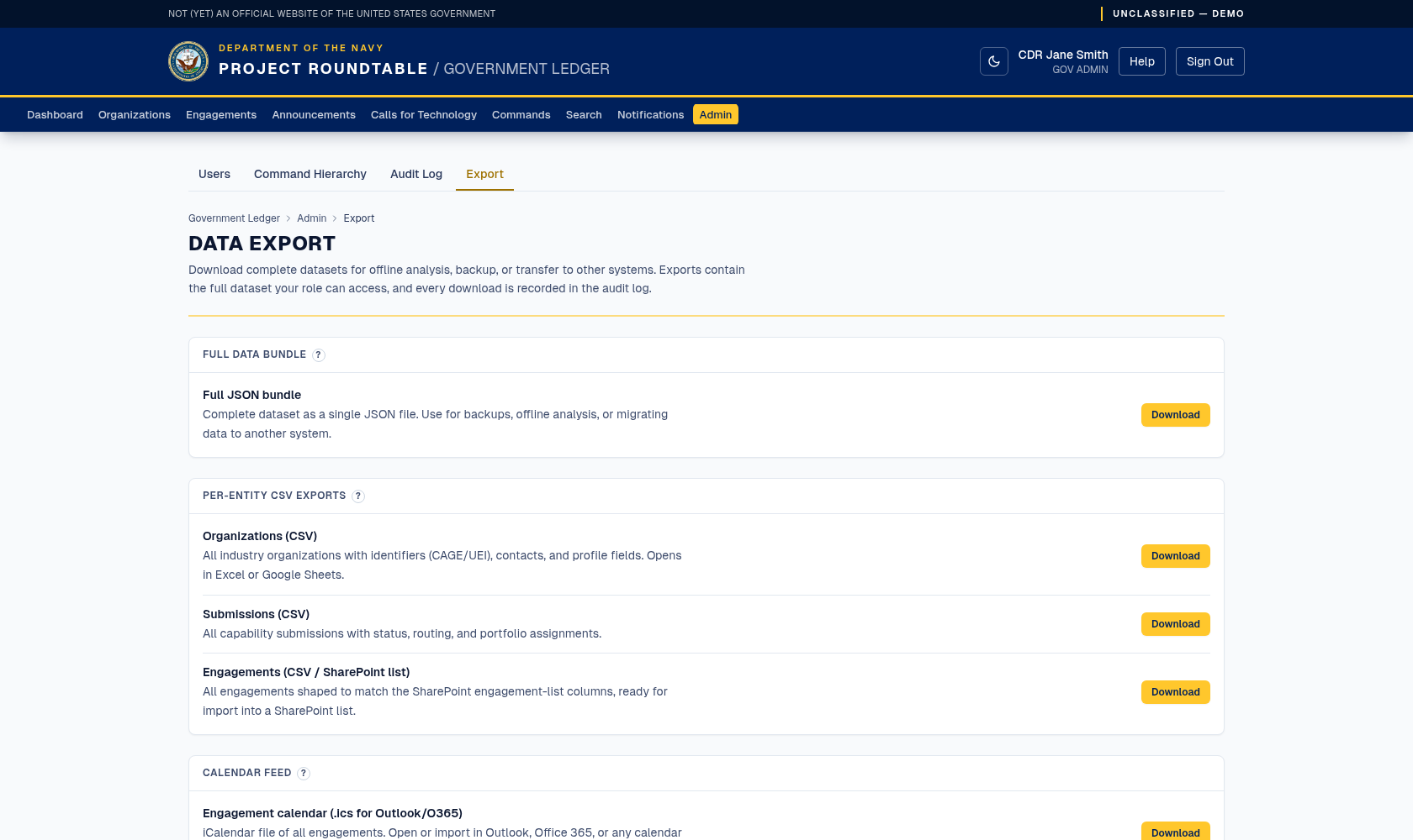 Admin export page