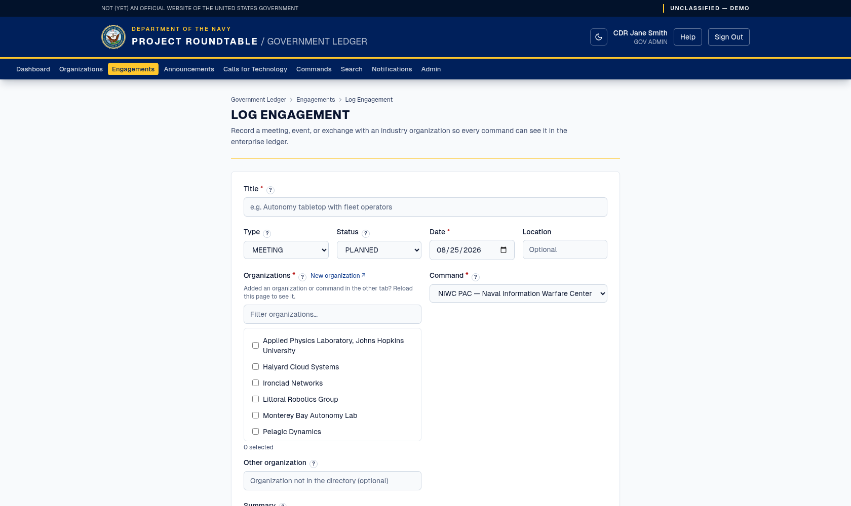 Log Engagement form