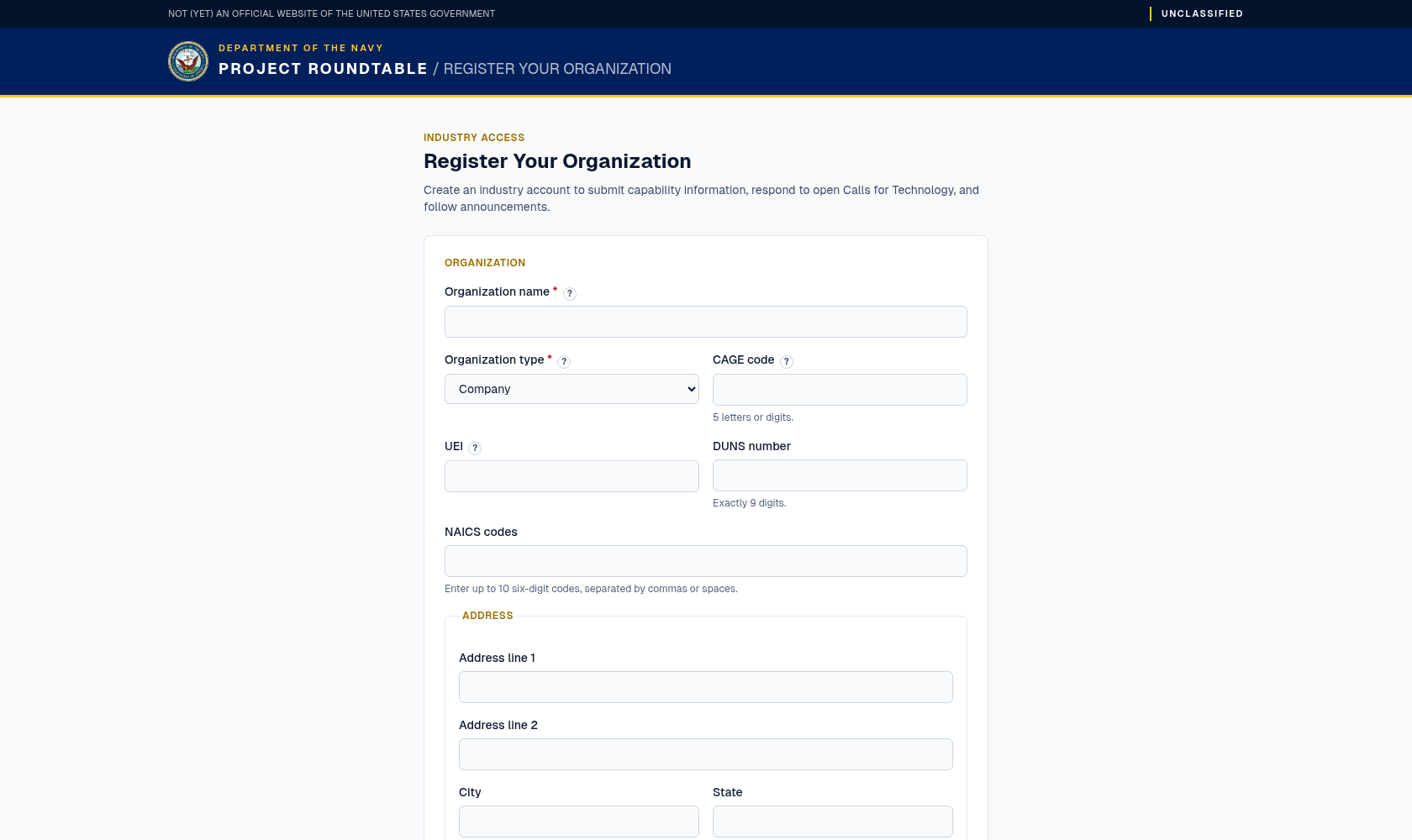 Industry registration form