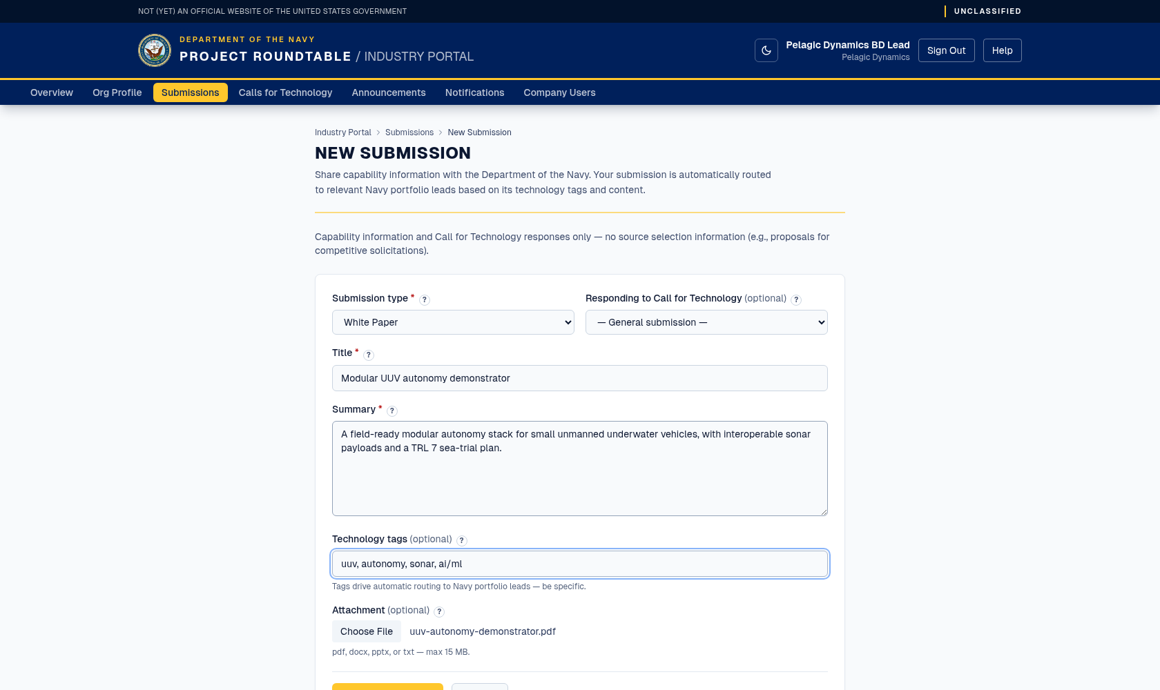 Completed submission form