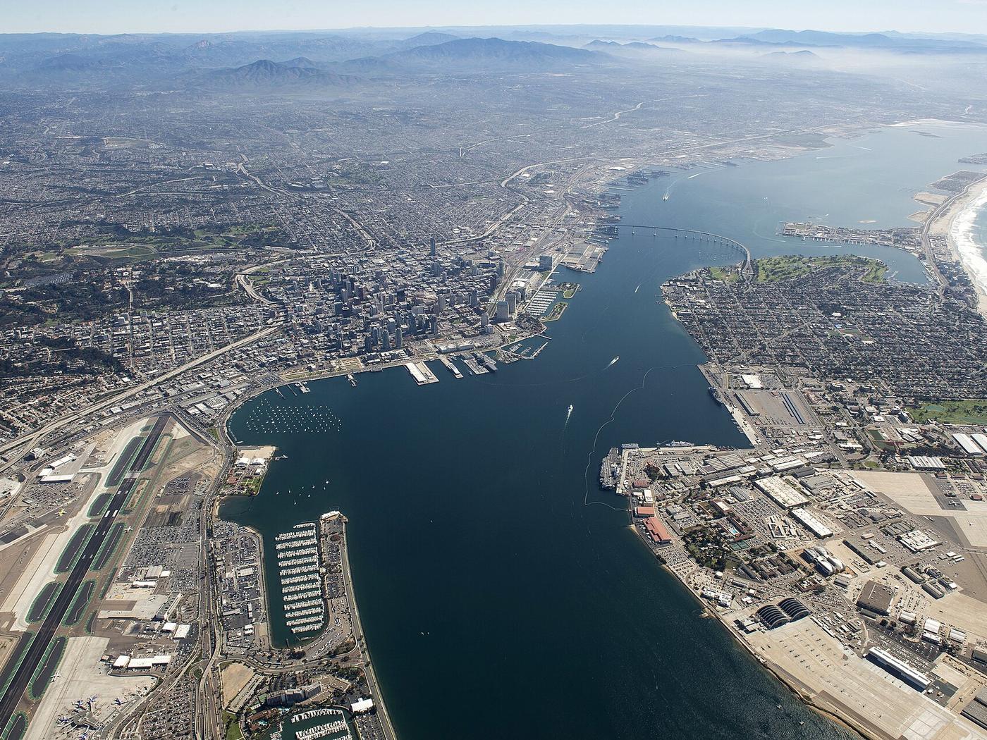 Aerial view of Naval Base San Diego and the surrounding waterfront